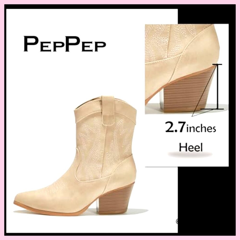 Vegan Leather Ankle Boots with Embroidery, Low Heel, Pointed Toe - Picture 5 of 7